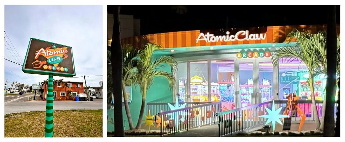 A collage of the exterior pylon sign and the exterior Atomic Claw signage lit up at night.